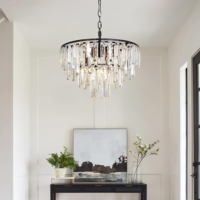 Black Crystal Chandelier Modern Round Dining Room Chandelier 4-Tier 6 Lights Dimmable Top K9 Luxury Ceiling Hanging Pendant Light Fixture for Dining Room Living Room Bedroom Foyer 18"