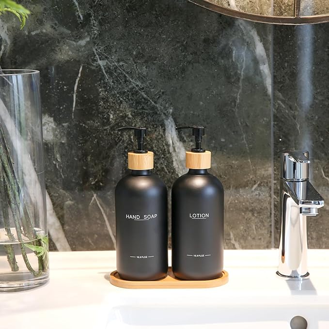 Black Soap Dispenser Bathroom Set, Bamboo Pumps & Tray, Hand Soap, and Lotion Dispenser Set Suitable for Bathroom Counter Decor. (Black)