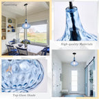 11" Hand-Blown Blue Glass Pendant Light, Modern Hammered Glass Hanging Light Fixture with Black Finish, Adjustable Ceiling Pendant Lighting for Kitchen Island, Dining Room, Living Room