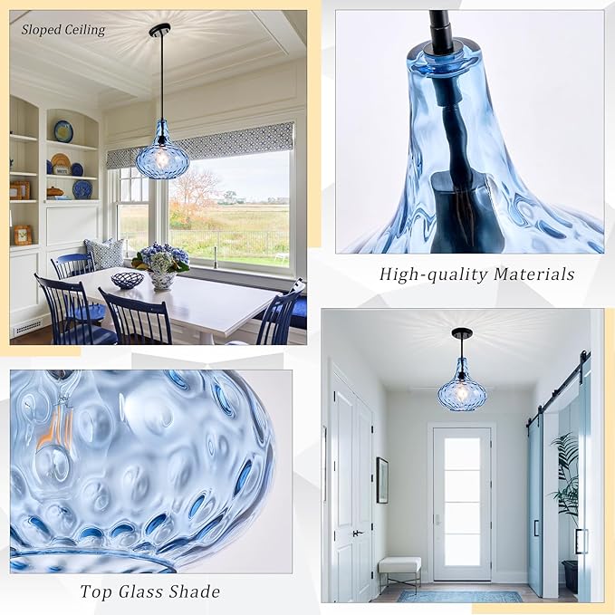 11" Hand-Blown Blue Glass Pendant Light, Modern Hammered Glass Hanging Light Fixture with Black Finish, Adjustable Ceiling Pendant Lighting for Kitchen Island, Dining Room, Living Room