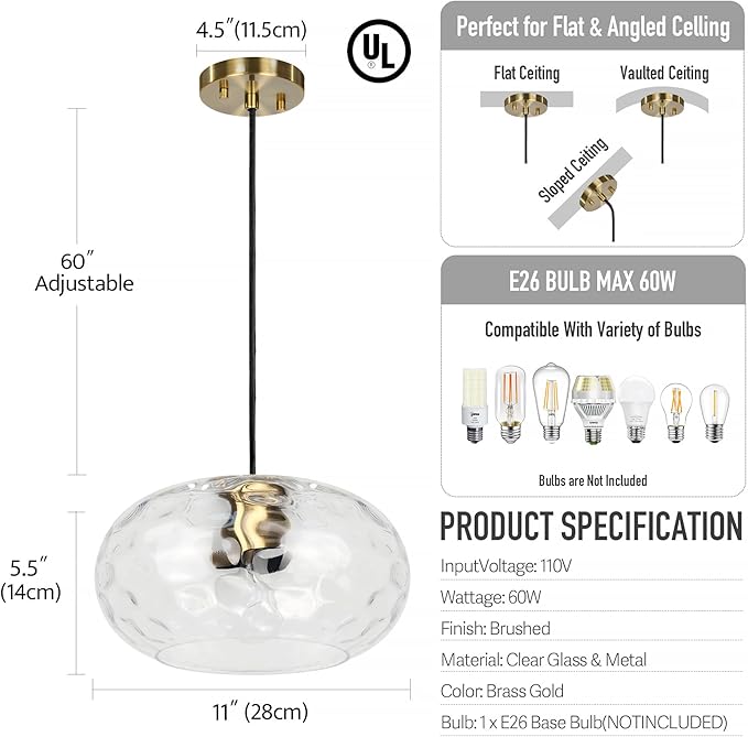 Clear Glass Pendant Lighting, 11" Hammered Lampshade Hanging Lamp, 1-Light Brass Gold Chandelier for Dining Living Room Kitchen Island