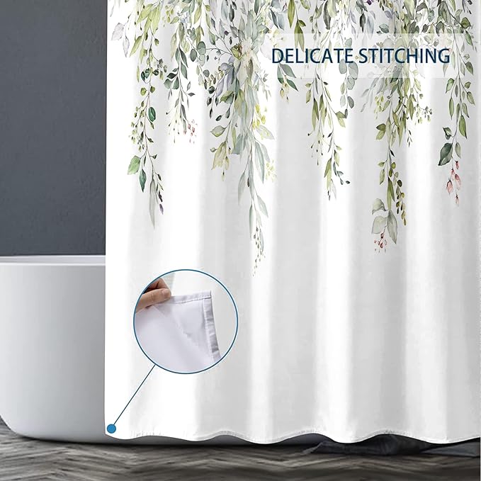 Sage Green Eucalyptus Shower Curtain Watercolor Plant Green Leaves Shower Curtains for Bathroom Waterproof Polyester Fabric Bath Curtain 72 x 72 Inch with 12 Hooks