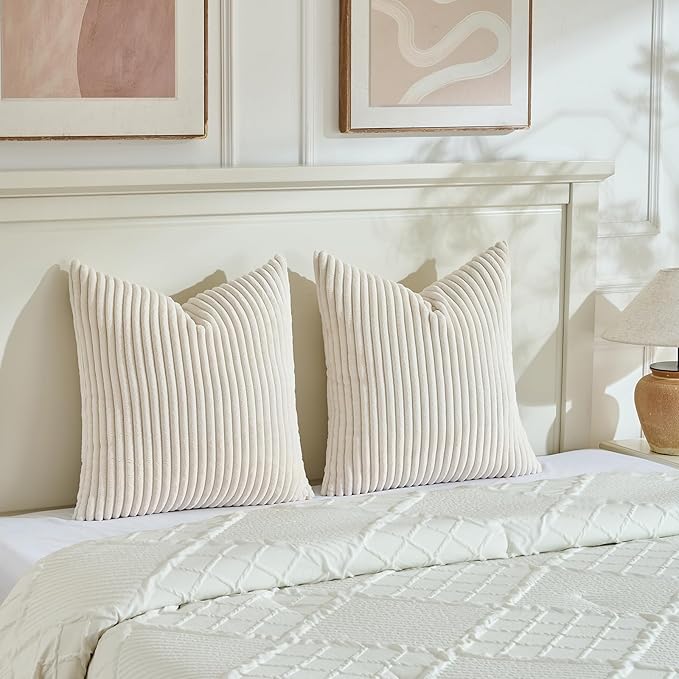 Fancy Homi Set of 2 Cream Boho Neutral Decorative Throw Pillow Covers 24x24 Inch for Couch Bed Sofa, Aesthetic Modern Organic Home Decor, Soft Fluffy Corduroy Beige Cute Farmhouse Cushion Case 60 cm