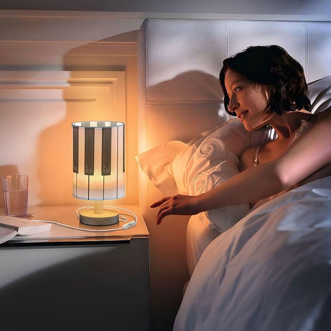 Table Lamp Piano Key Black and White Musical Instrument Nightstand Lamp with Wood Base Fabric Lamp Shade Bedside Desk Lamp for Living Room Bedroom Kids Room Office