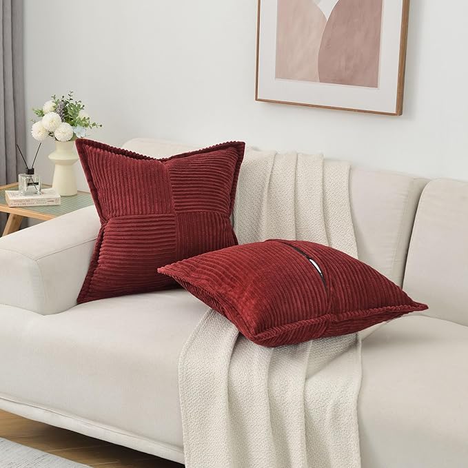 HAUSSY Burgundy Decorative Throw Pillow Covers 24x24 Inch Set of 2,Soft Solid Corduroy Striped Cushion Case,Square Euro Pillow Shams,Winter Home Decorations for Couch,Bed