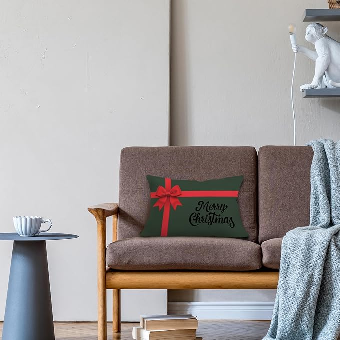 JINYO Coquette Red Christmas Ribbon Bow Pillow Covers 12x20, Red and Green Merry Christmas Pillow Covers for Couch Bed Living Room Bedroom Home