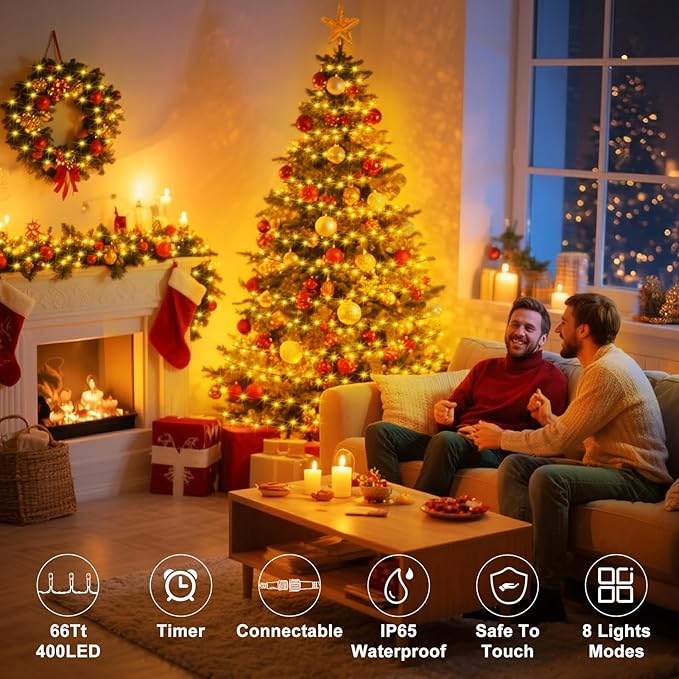 echosari 400 LED Christmas String Lights, Connectable Extra Long 66Ft Outdoor Christmas Tree Lights Plug in with Remote Timer for Patio Garden Tree Decor (Warm White)