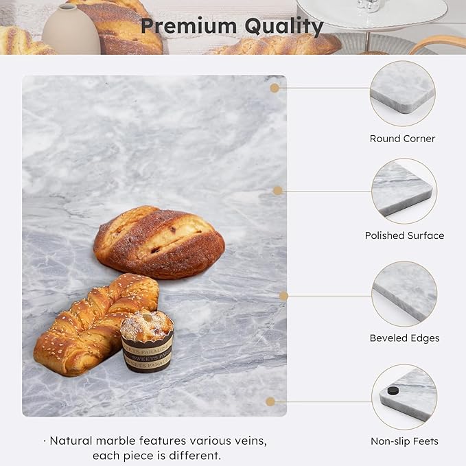 Diflart Natura Marble Stone Pastry Board for Kitchen, 16x20 Inch, Gray with White Veins, Marble Cutting Board Large with Non-Slip Feet for Keep the Dough Cool and Chocolate Tempering, Pack of 1 Pcs