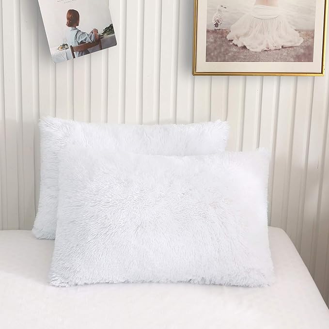 XeGe Faux Fur Throw Pillow Cases, Plush Shaggy Ultra Soft Pillow Covers, Fluffy Crystal Velvet Decorative Pillowcases, Furry Fuzzy Pillow Shams Zipper Closure, Set of 2(King, White)