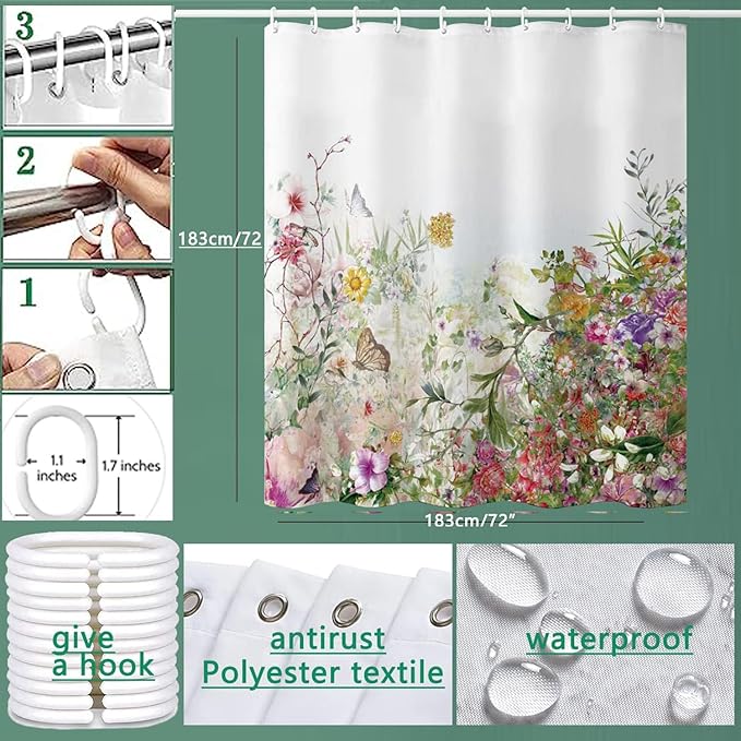 Shower Curtain, Fabric Colored Flowers Waterproof Shower Curtain - 72" W x 72" L with 12 Hooks
