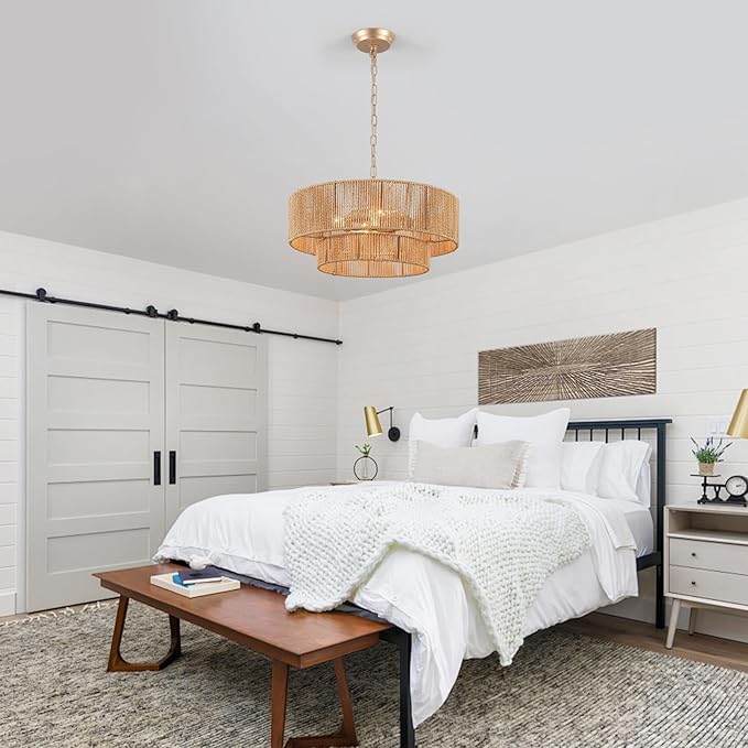 Boho Rattan Chandelier, 17.71” Rattan Pendant Light 4-Light with 2-Tier Hand-Woven Shade, Farmhouse Ceiling Light Fixture Chandeliers for Dining Living Room Bedroom Kitchen Island, UL-Listed