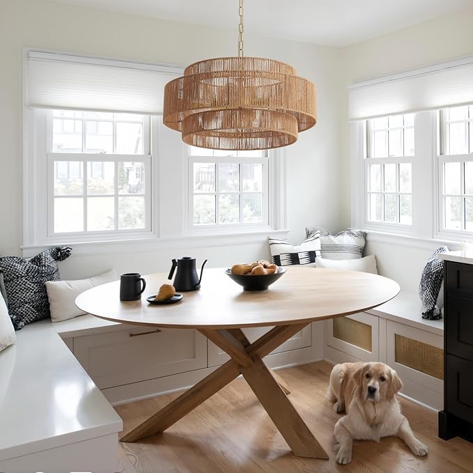 Large Woven Rattan Chandeliers for Kitchen Island, 22.8in Coastal Boho Pendant Lights for Dining Room, Living Room