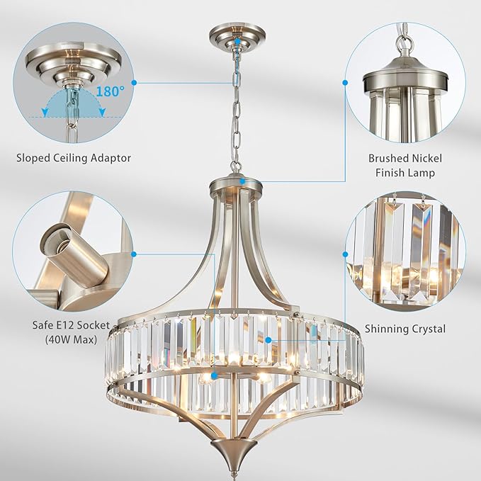 XINGQI Large Crystal Chandelier 21.6" Brushed Nickel Chandeliers for Dining Room, Rustic Farmhouse Pendant 6-Light with Round Metal Shade for Living Room Kitchen Bedroom Office