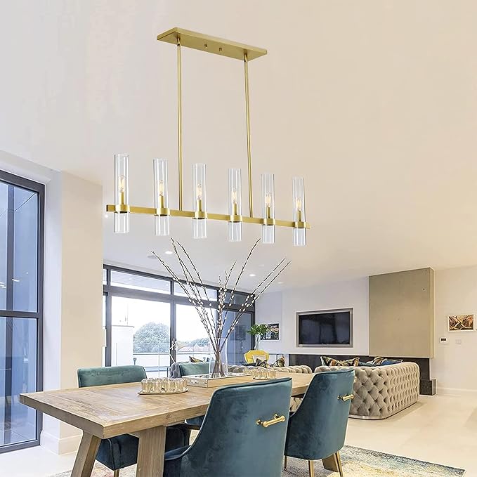 Untrammelife 6-Light Modern Linear Chandelier, 36" Gold Kitchen Island Pendant Lighting with Clear Glass Shade, Adjustable 54" Metal Rod Farmhouse Rectangle Hanging Light Over Table, Dining Room