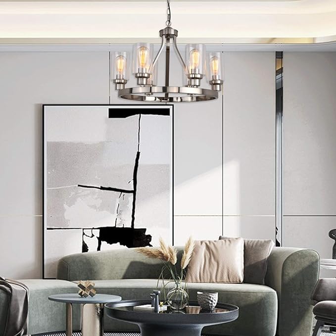 Dining Room Lighting Fixtures Hanging Brushed Nickel Kitchen Modern Chandelier Over Tables 6 Light with Glass Pendant Light for Dining Room Living Bedroom