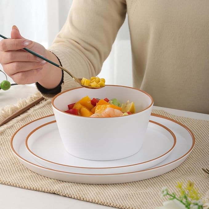 Melamine Dinnerware for 4, 12 Pieces Unbreakable Matte Plastic Plates and Bowls set, Kitchen Dish set BPA Free, Dishwasher Top Safe, Not Microwave, Not Oven (White)