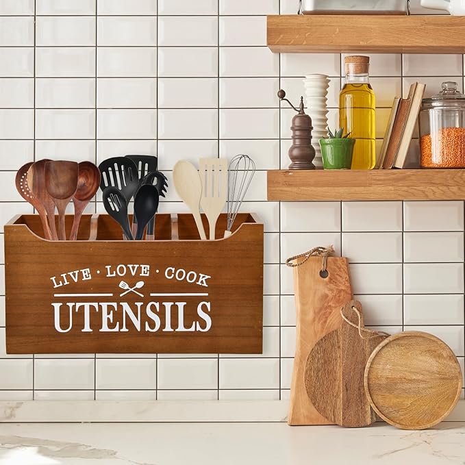 Kitchen Utensil Holder with Drainage Bottom, Large 3 Compartments Solid Real Wood Utensil Organizer for Kitchen Counter, Farmhouse Cooking Tools Storage for Countertop, Brown