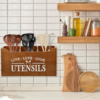 Kitchen Utensil Holder with Drainage Bottom, Large 3 Compartments Solid Real Wood Utensil Organizer for Kitchen Counter, Farmhouse Cooking Tools Storage for Countertop, Brown