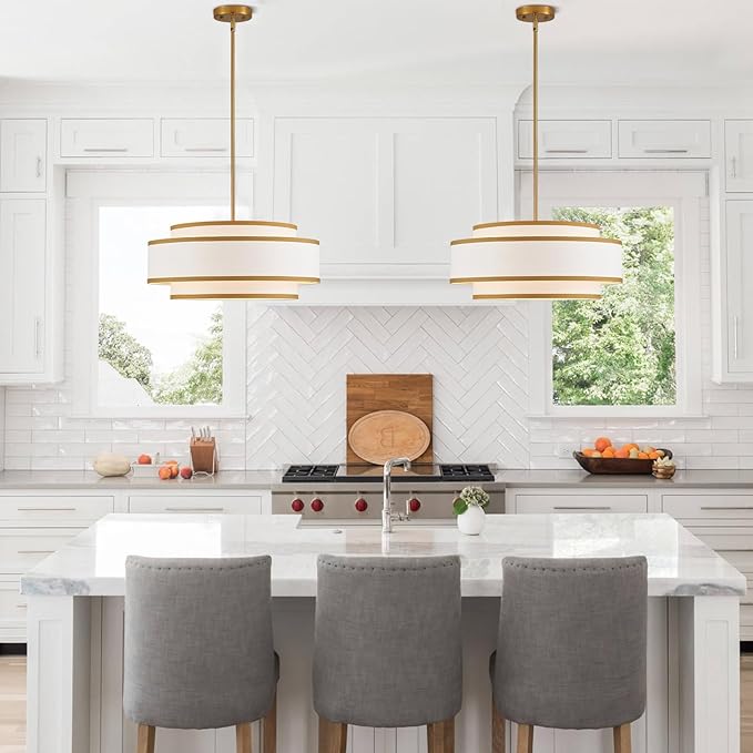 19.7" Gold Drum Chandelier with White Linen Lampshade 4-Light Modern Farmhouse Chandelier Light Fixture for Dining Room, Kitchen Island, Foyer Entryway Bedroom