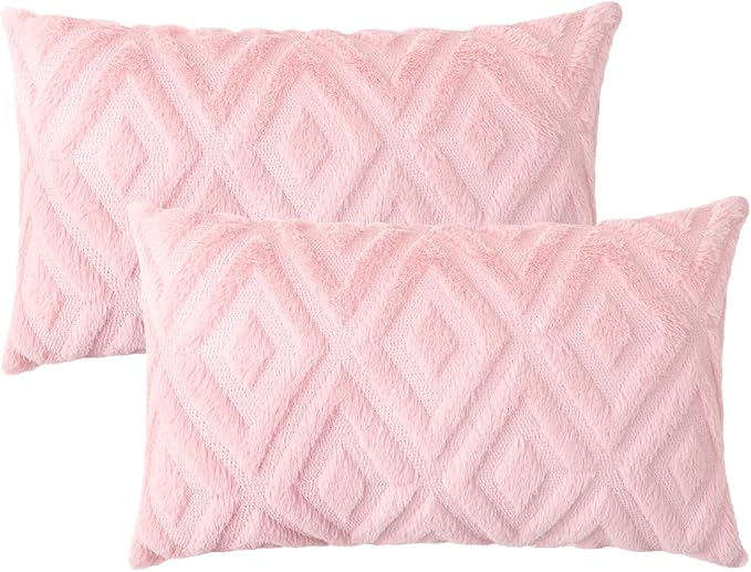 Pallene Pink Throw Pillow Covers 12x20 Set of 2, Soft Plush Faux Fur Decorative Lumbar Couch Pillow Covers for Sofa Bed Living Room Pillow Cases with 3D Diamond Pattern