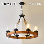 8 Light Rustic Wagon Wheel Chandelier, 32'' Wooden Pendant Light with Seeded Glass Shade, Industrial Chandeliers for Dining Room Kitchen Island Foyer (Solid One-Piece Wood Frame Design)