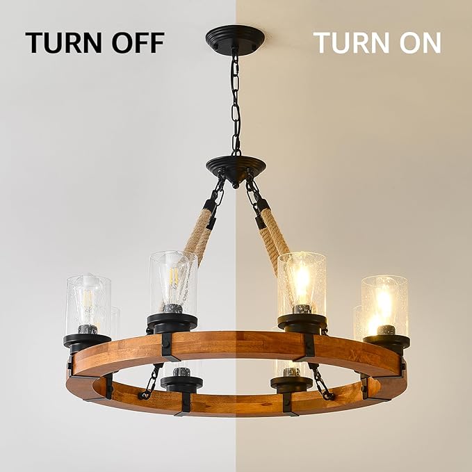 8 Light Rustic Wagon Wheel Chandelier, 32'' Wooden Pendant Light with Seeded Glass Shade, Industrial Chandeliers for Dining Room Kitchen Island Foyer (Solid One-Piece Wood Frame Design)