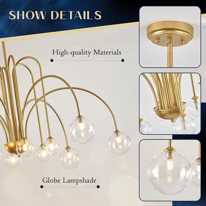 Mid Century Gold Sputnik Chandelier 12 Lights Modern Large L52” Clear Glass Globe Pendant Light Fixture for High Ceiling Foyer Staircase Living Dining Room