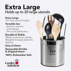 Cooler Kitchen Rotating Extra Large Stainless Steel Utensil Holder Caddy with Sturdy No-Tip Weighted Base, Removable Divider, and Gripped Insert Bottom -Dishwasher Safe Metal Cooking Utensil Holderâ