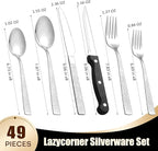 49Pcs Silverware Set with Organizer, Silver Stainless Steel Flatware Set for 8 Cutlery Utensil Sets with Steak Knives, Spoons and Forks Set, Dishwasher Safe