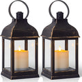 Vintage Lantern Decorative LED Flickering Flameless Candle with Timer, Battery Powered LED Decorative Hanging Golden Brushed Black Lanterns for Indoor Outdoor Garden Yard Home Decor(2 Pack)