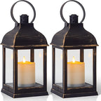 Vintage Lantern Decorative LED Flickering Flameless Candle with Timer, Battery Powered LED Decorative Hanging Golden Brushed Black Lanterns for Indoor Outdoor Garden Yard Home Decor(2 Pack)