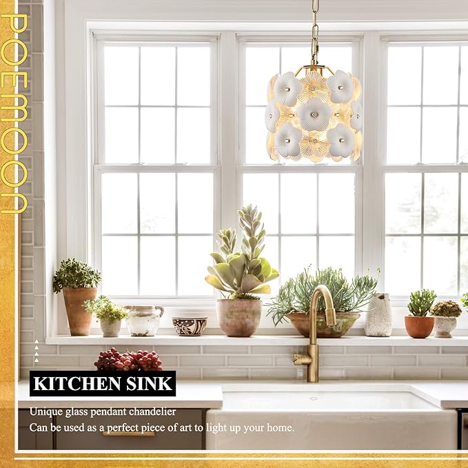 Gold Glass Pendant Light with White Ceramic Flowers, 1-Pack Luxury Small Ceiling Pendant Light Fixture 1-Light for Kitchen Island Sink Dining Room Entryway Hallway, E26