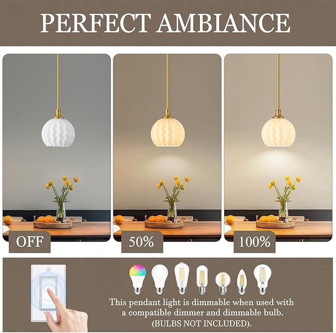 Brushed Gold Pendant Lights Kitchen Island, 1-Light 7.3" Modern Milk Glass Pendant Light Fixtures with Rods, Globe Hanging Lighting for Kitchen Sink Bathroom Dining Room, E26 Base