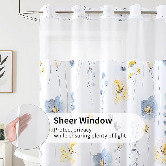 QiyI Stall Floral Shower Curtain with Snap in Liner, Blue and Yellow Watercolor Cloth Bath Curtains, No Hook Shower Curtains with Mesh Top Window, Fabric Waterproof Bathroom Curtain Set, 36 x 75 Inch