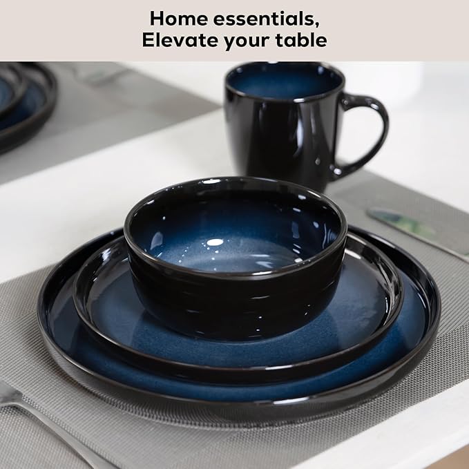 Romswi Dinnerware Set Stoneware Plates and Bowls Sets with Mugs, Chip & Scratch Resistant Dish Set, Handmade Reactive Glaze, Oven,Microwave and Dishwasher Safe, Dreamy Moonlight-Blue for 4,16 pcs