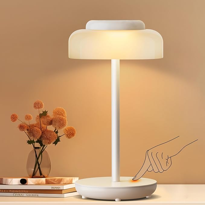 QiMH Battery Operated LED Table Lamp, 5000mAh Rechargeable Cordless Lamp, Stepless Dimmable Touch Control, Small Waterproof Desk Night Light for Living Room, Bedroom, Outdoor Bar (White)