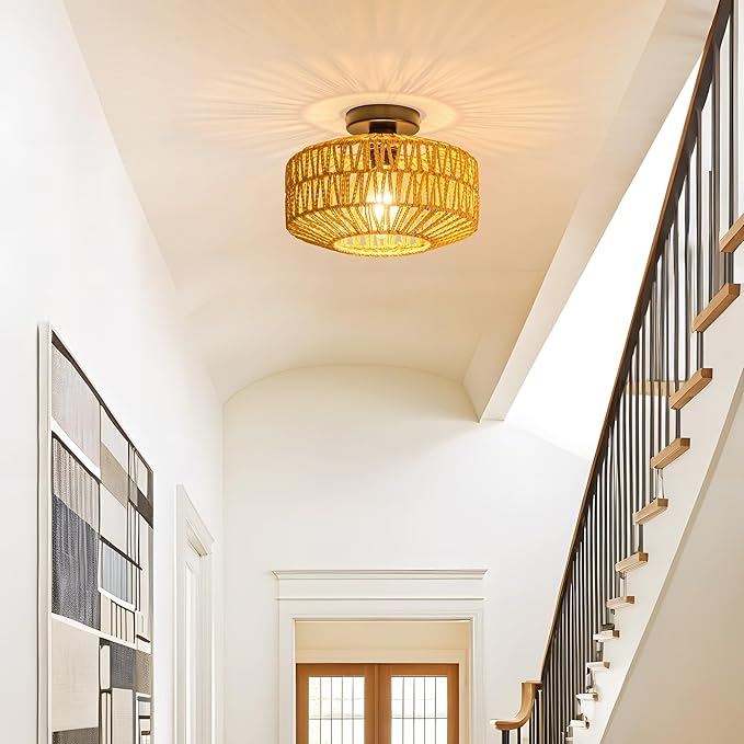 MAYNA 11.8" Rattan Ceiling Light Fixture, Hand-Woven Boho Light Fixtures Ceiling Mount, Mini Rattan Chandelier Light Fixture for Farmhouse Hallway Bedroom Kitchen Entryway, Bulb NOT Included