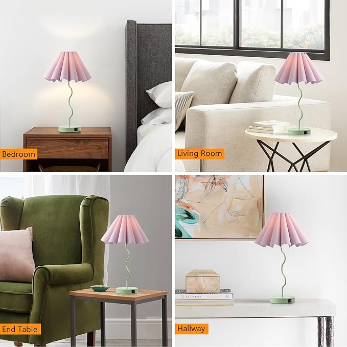 Pleated Table Lamp, Table Lamp for Bedroom, Bedside Lamps for Nightstand with Linen Lampshade, Modern Lamp for Bedroom Home Office Decor, Green