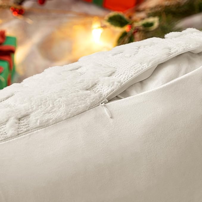 MIULEE Christmas Snowflake Decorative Throw Pillow Covers Set of 2,Soft Fluffy Faux Wool Winter Holiday Couch Pillows for Farmhouse Boho Home Decor Sofa Bed Porch Living Room 20x20 Inch Cream White