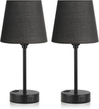 Black Lamp for bedrooms Set of 2 - Nightstand Bedroom Lamp with USB C Port and AC Outlet Charging, 3 Way Dimmable Touch Control Bed Side Table Lamp, Small Night Stand Light for Men/Kids