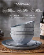 Famiware Dinnerware Sets for 4, Ocean Round 12-Piece Kitchen Plates and Bowls Sets, Reactive Glaze, Microwave and Dishwasher Safe, Scratch Resistant, Grey