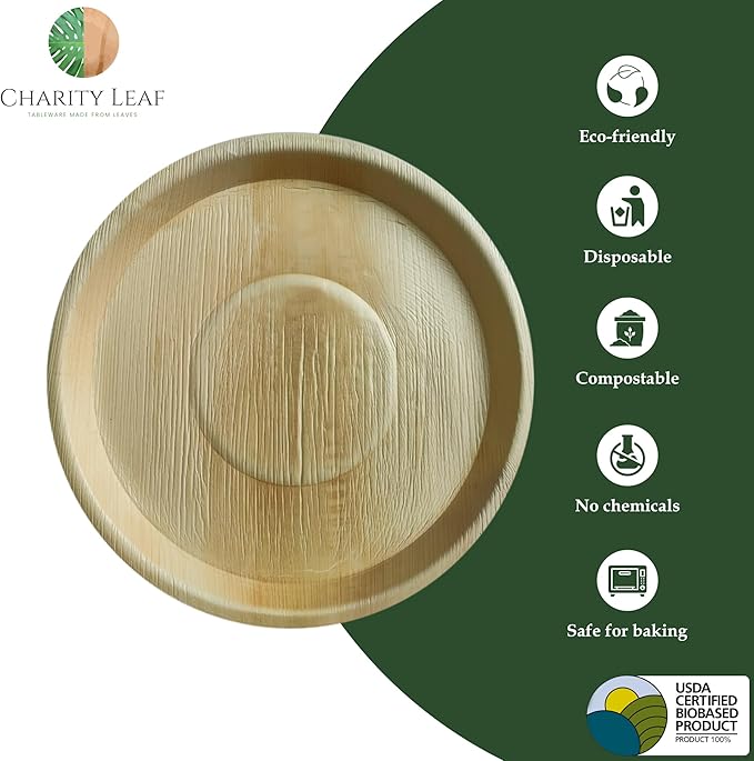 Charity Leaf Disposable Palm Leaf 16" Round Trays (100 pieces) Bamboo Like Serving Platters, Disposable Boards, Eco-Friendly Dinnerware For Weddings, Catering, Events Visit the Store