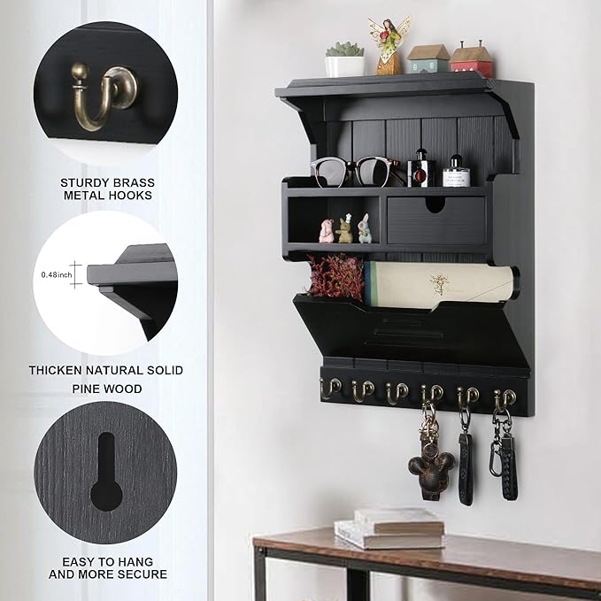 Wall Mail Organizer with Storage Drawer and 6 Hooks, Easy Install Key Rack for Entryway and Home Decor, Luxury Black