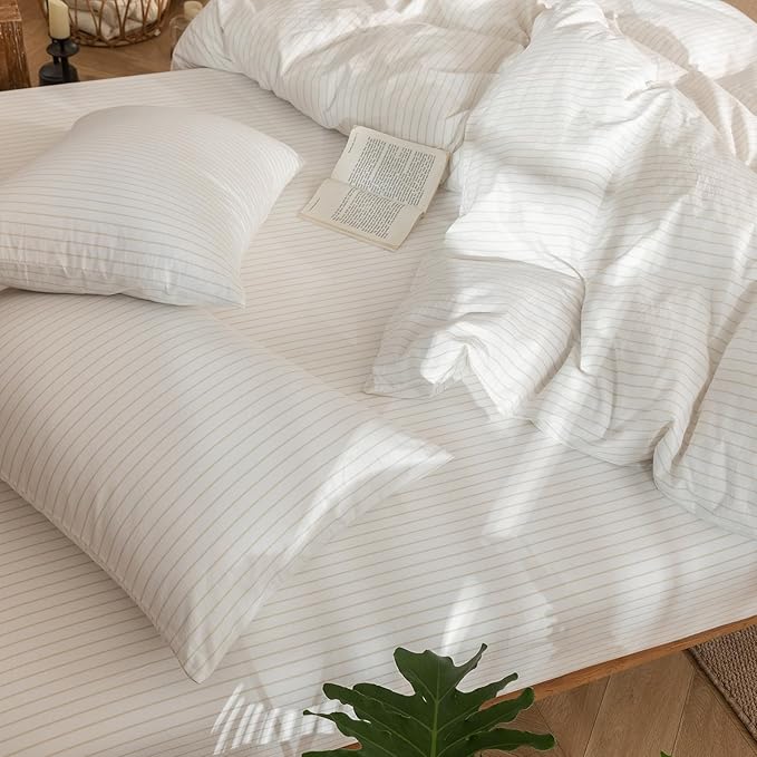 MooMee Striped Duvet Cover Set 100% Washed Cotton Linen Like Textured Breathable Durable Soft Comfy (White Almond Milk Grey Wide Stripes, King 104"x90")