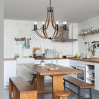 31.5" Large Wooden Chandelier 8-Lights Vintage Farmhouse Candle Style Chandeliers with Wood Finish Metal Industrial Retro Rustic Black Chandelier for Dining Room, Kitchen, Living Room, E12