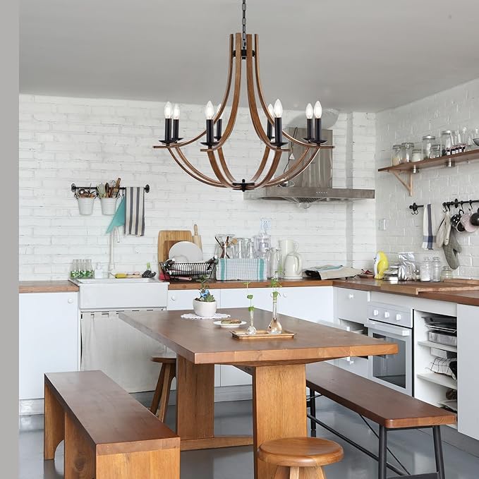 31.5" Large Wooden Chandelier 8-Lights Vintage Farmhouse Candle Style Chandeliers with Wood Finish Metal Industrial Retro Rustic Black Chandelier for Dining Room, Kitchen, Living Room, E12