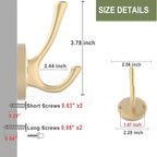 Gold Coat Hooks for Wall, 3 Pack Towel Hook Heavy Duty Metal Double Bath Robe Hook Wall Mount, Hat Hooks for Cubicle Bathroom Kitchen Closet Garage