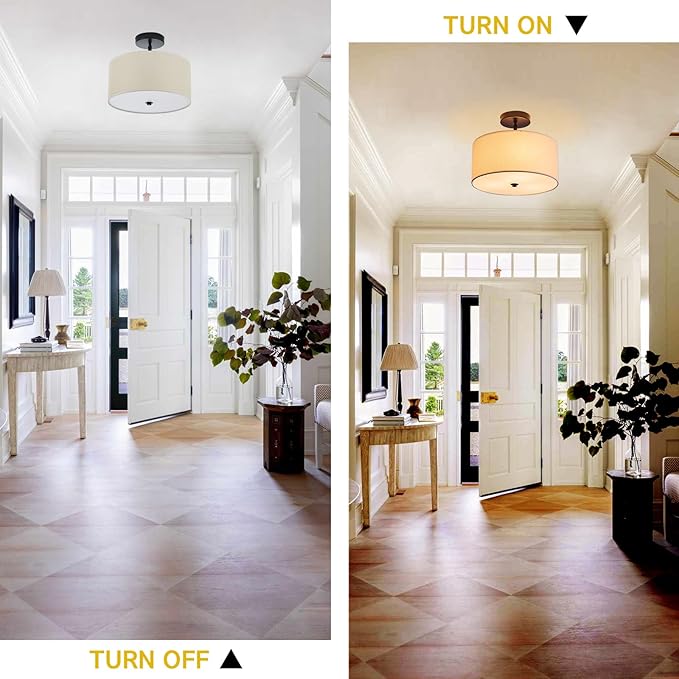 Semi Flush Mount Ceiling Light, 3-Light Black Modern Drum Ceiling Light Fixture with Linen Fabric Shade, Farmhouse Close to Ceiling Lamps for Bedroom Kitchen Living Room Hallway Entryway Closet