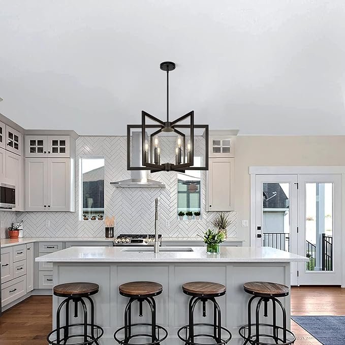 6-Light Black Chandelier,Dining Room Light Fixture Geometric Metal Modern Chandelier,Hanging Industrial Chandelier for Dining Room Kitchen Island Entryway Stairway Foyer Hallway.