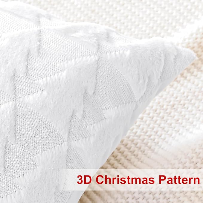 OTOSTAR Set of 2 Xmas Soft Plush Short Wool Velvet Decorative Throw Pillow Covers Square Luxury Style Cushion Case Pillow Shell for Sofa Bedroom Christmas Tree White, 18x18 Inch